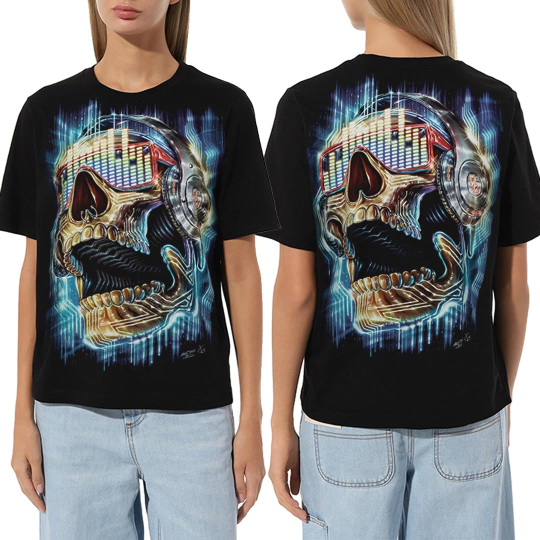 Schwarzes T-Shirt mit Totenkopfhörer-Print, Vorder- und Rückseite
