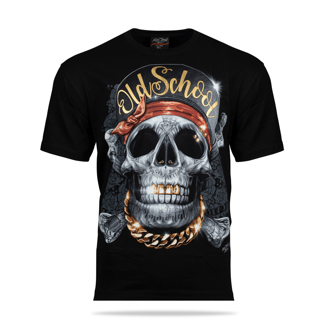 Schwarzes T-Shirt mit Skull & Bone Old School-Print, Vorderseite