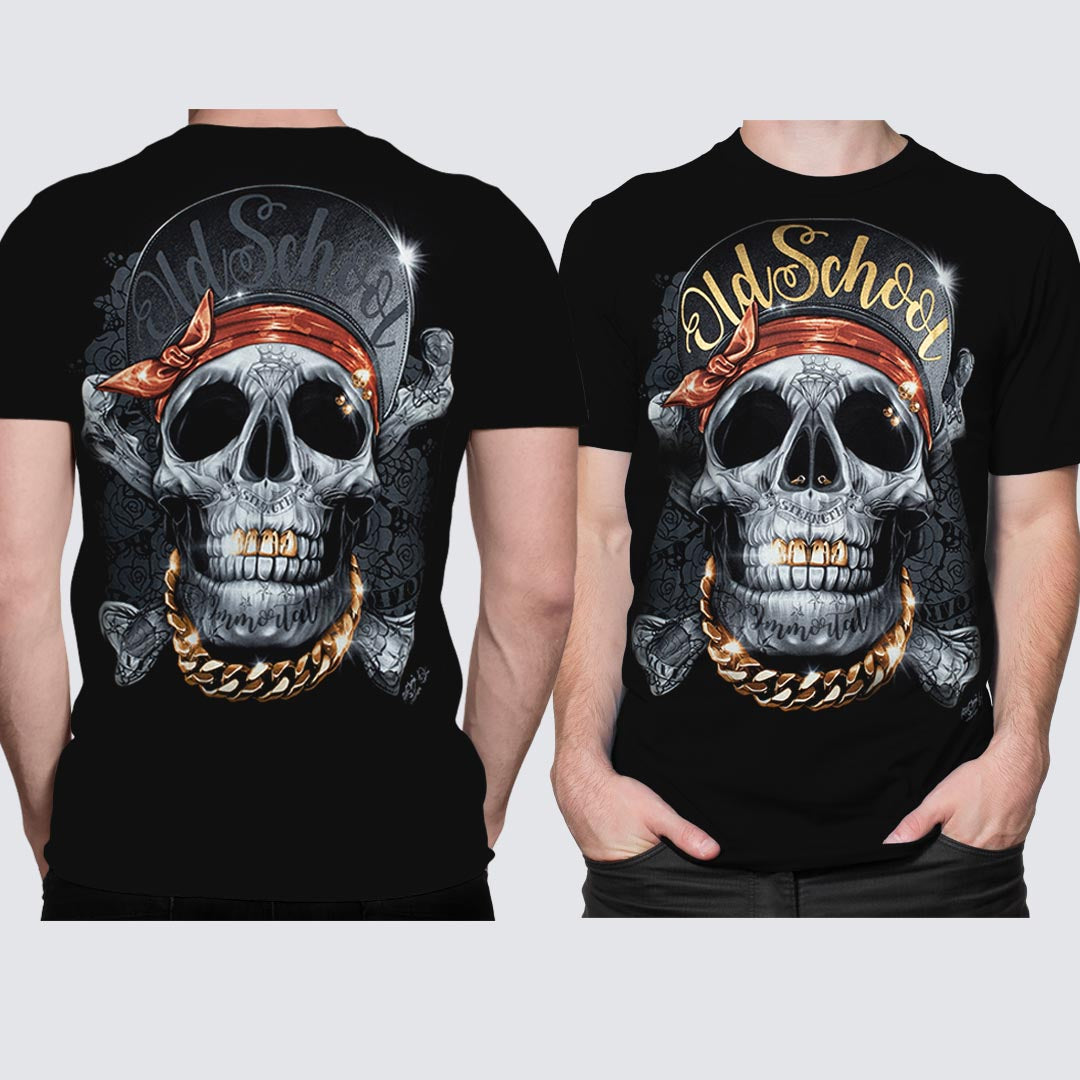 Schwarzes T-Shirt mit Skull & Bone Old School-Print, Vorder- und Rückseite