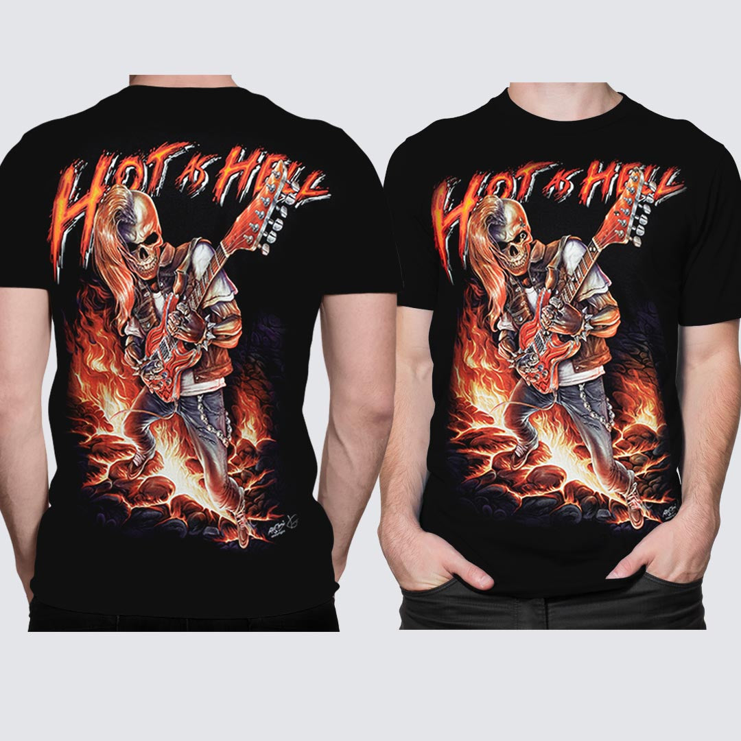 Schwarzes T-Shirt mit Death Metal Hot as Hell-Print, Vorder- und Rückseite