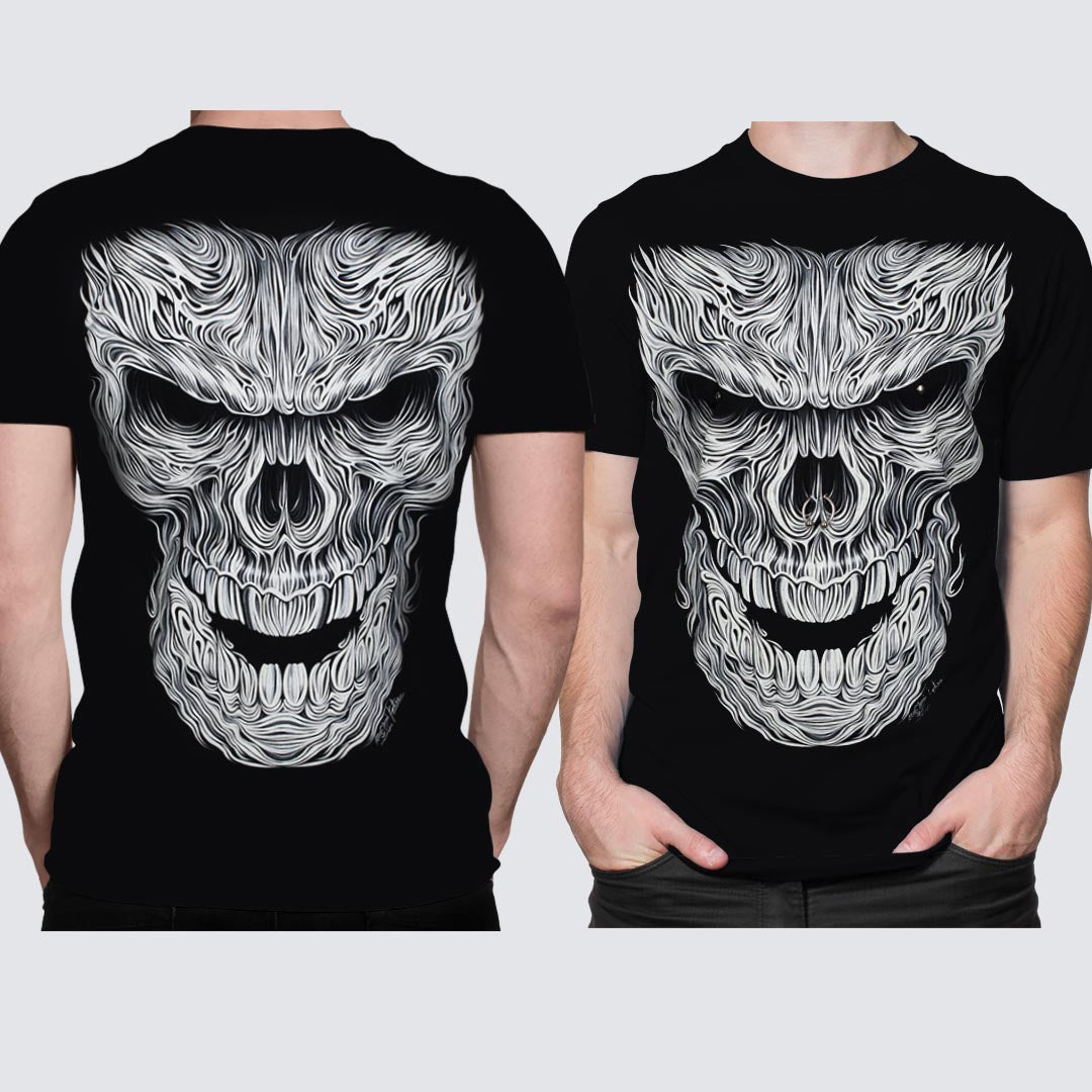 Schwarzes T-Shirt mit Weißem Totenkopf Piercing-Print, Vorder- und Rückseite