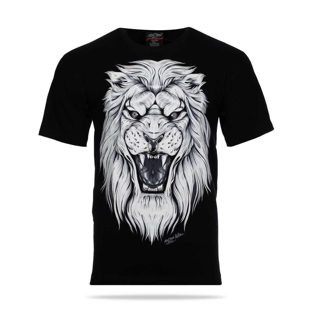 Schwarzes T-Shirt mit Weißem Löwen Piercing-Print, Vorderseite