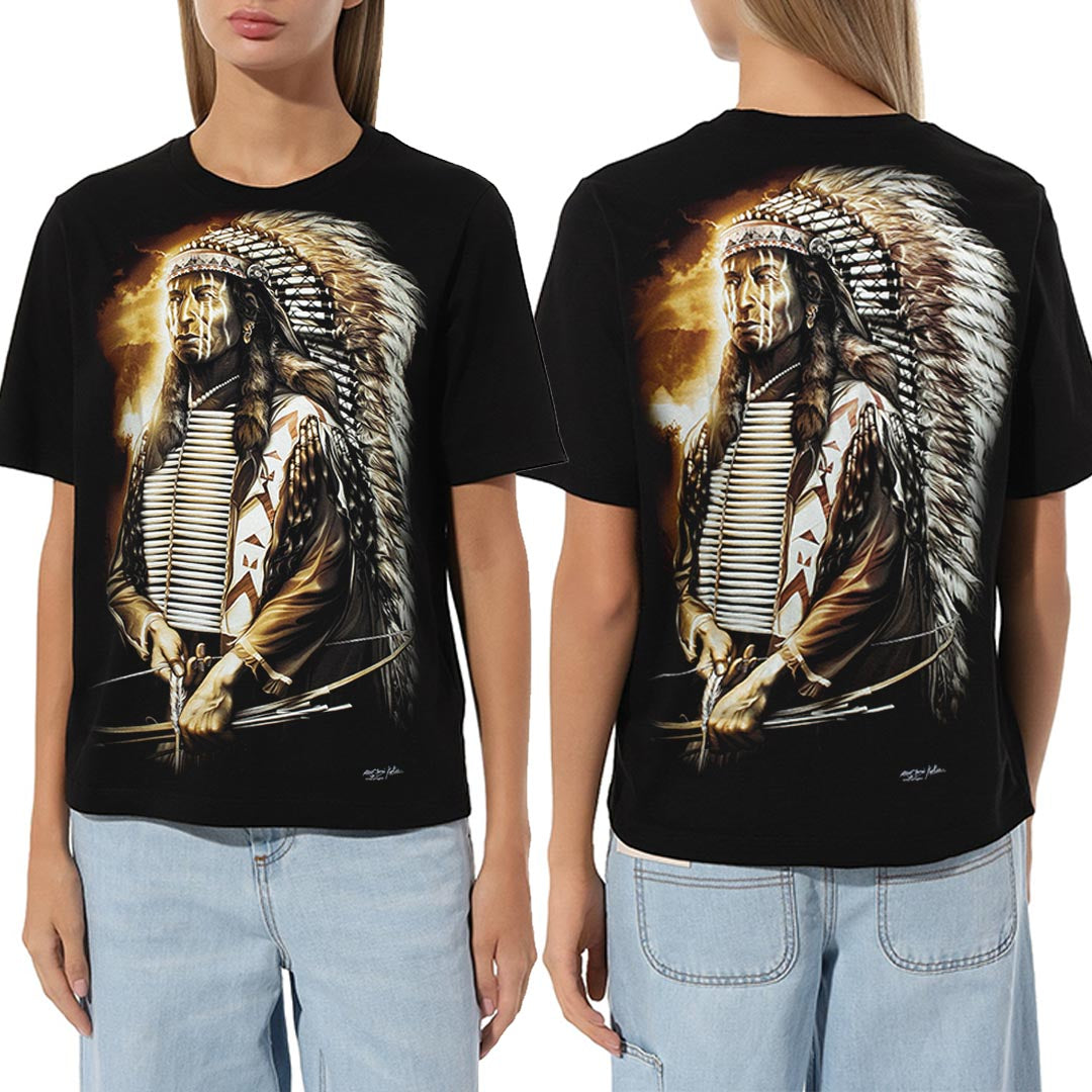 Schwarzes T-Shirt mit Indianer-Native American Krieger mit Pfeil und Bogen, Vorder- und Rückseite