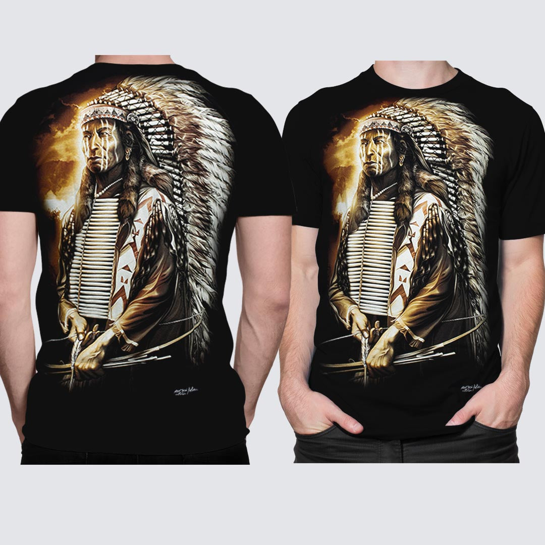 Schwarzes T-Shirt mit Indianer- Native American Krieger mit Pfeil und Bogen, Vorder- und Rückseite