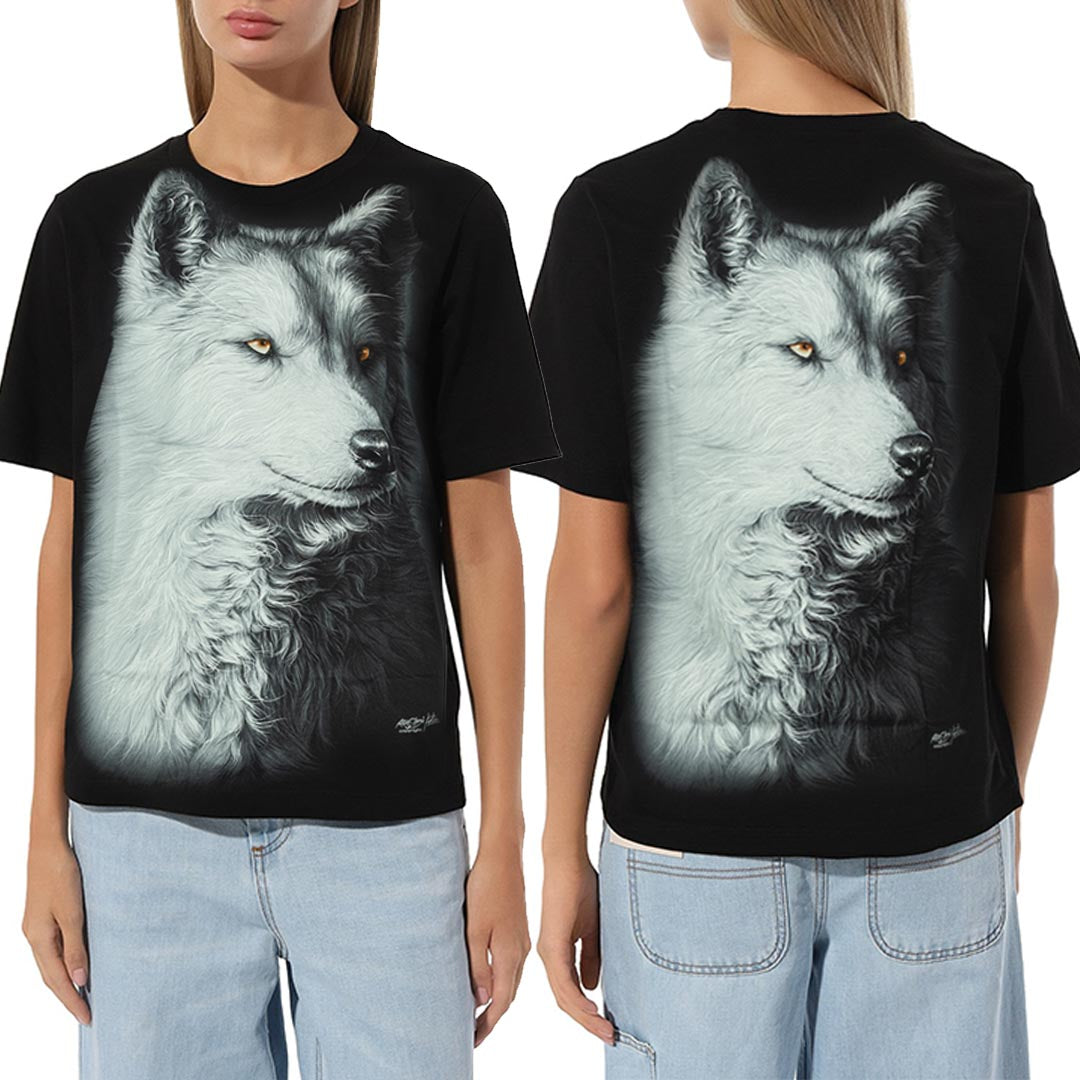 Schwarzes T-Shirt mit Weisser Wolf-Print, Vorder- und Rückseite