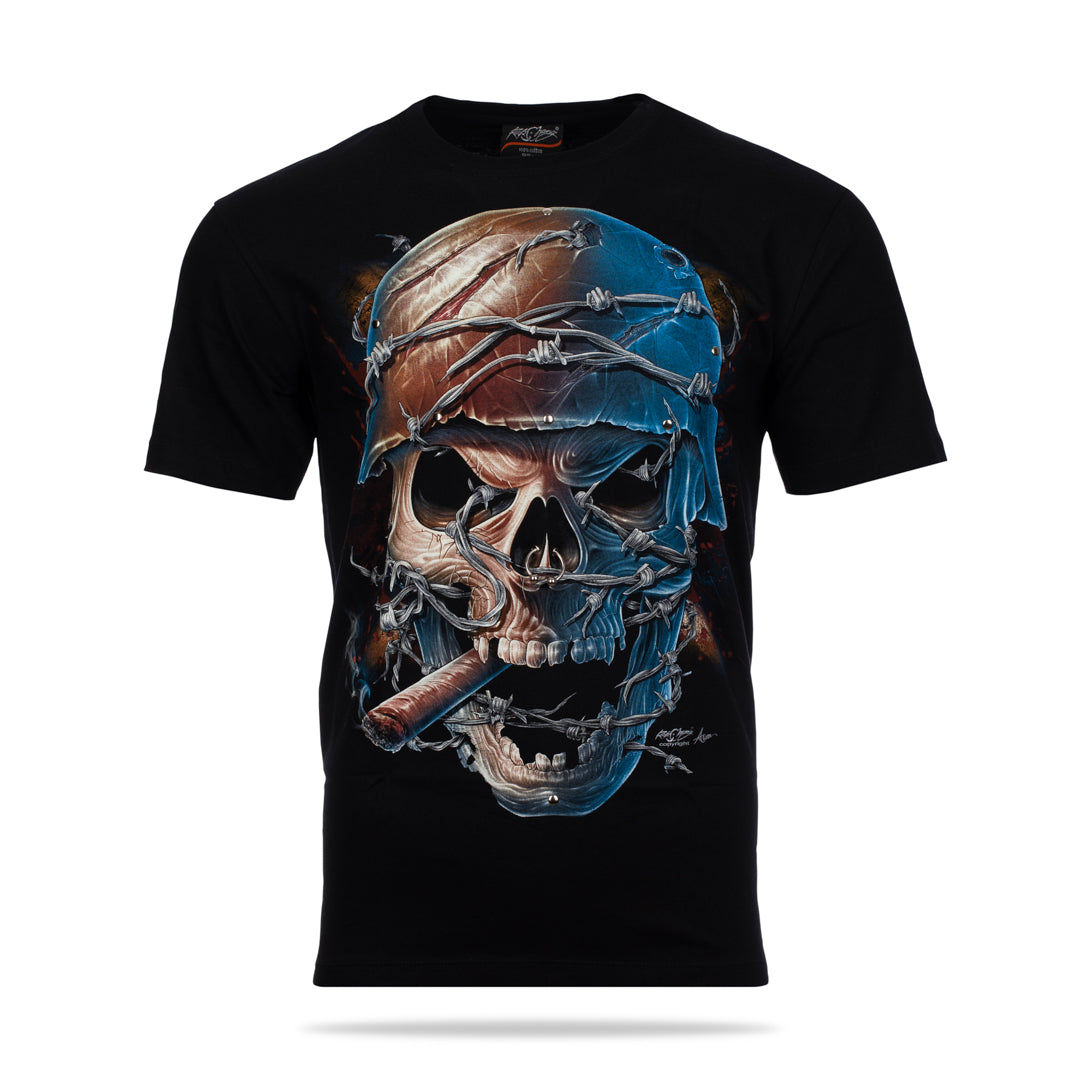 Schwarzes T-Shirt mit Totenkopf Helm-Print, Vorderseite
