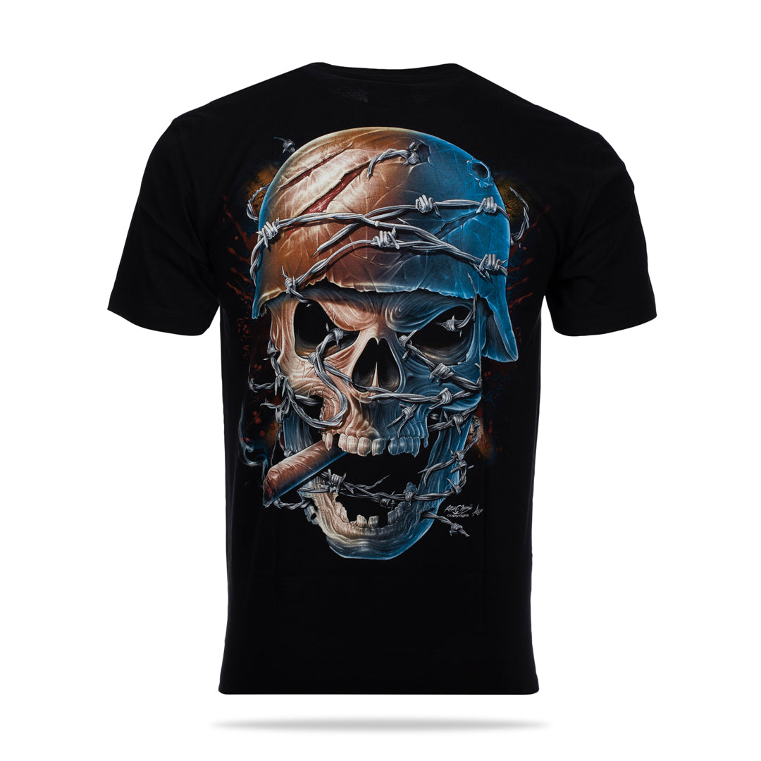 Schwarzes T-Shirt mit Totenkopf Helm-Print, Rückseite