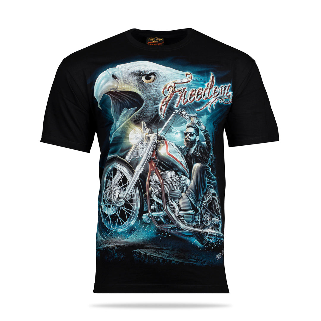 Schwarzes T-Shirt mit Adler Freedom Biker-Print, Vorderseite