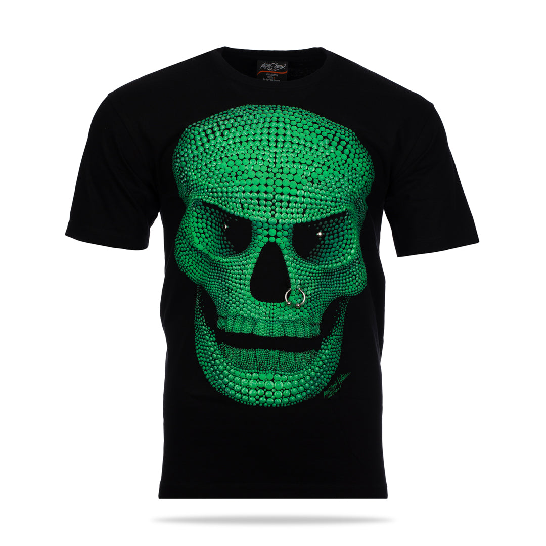 Schwarzes T-Shirt mit grünem Totenkopf-Print, Vorderseite