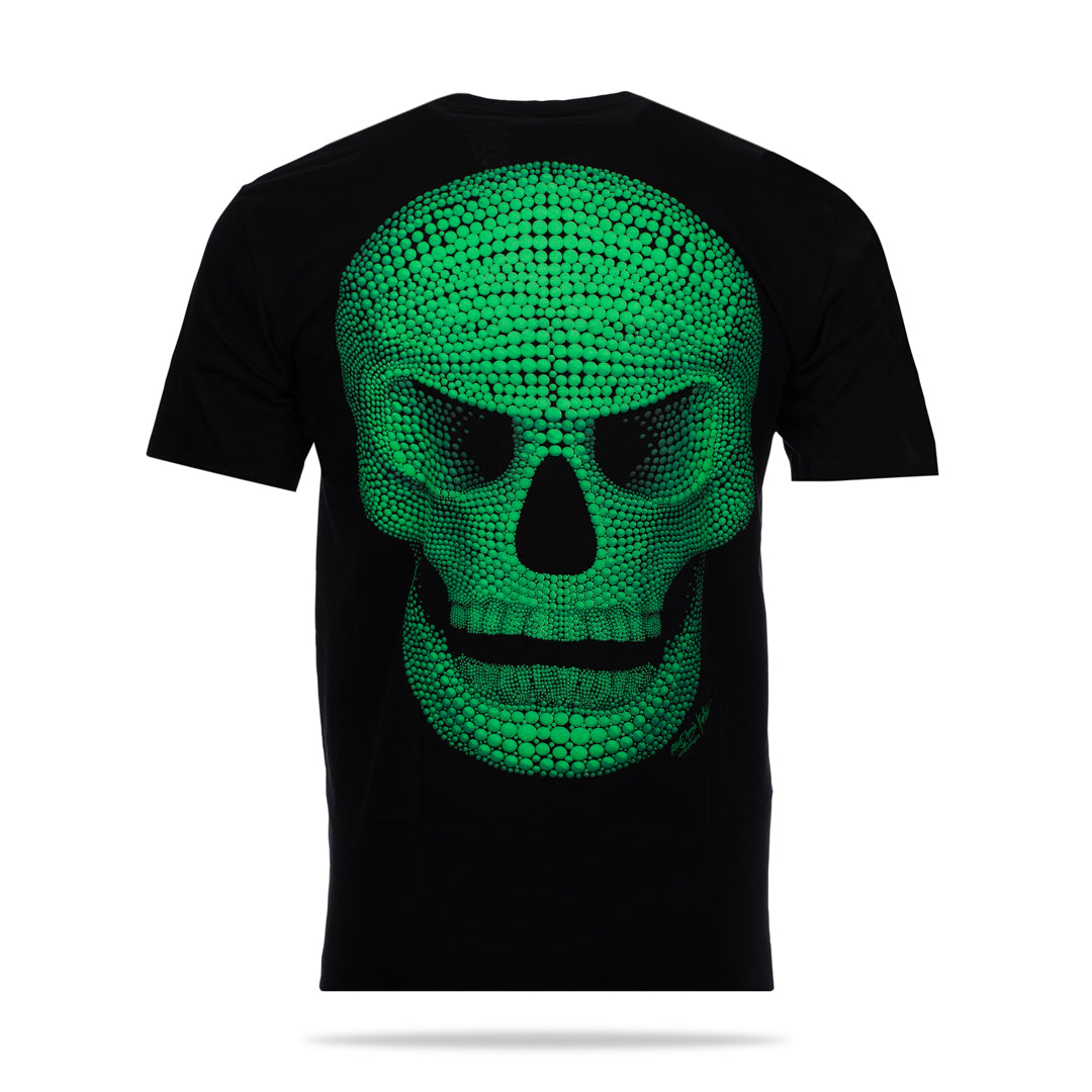 Schwarzes T-Shirt mit grünem Totenkopf-Print, Rückseite