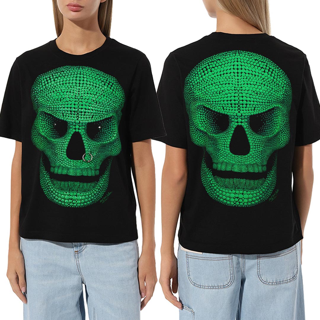 Schwarzes T-Shirt mit grünem Totenkopf-Print, Vorder- und Rückseite