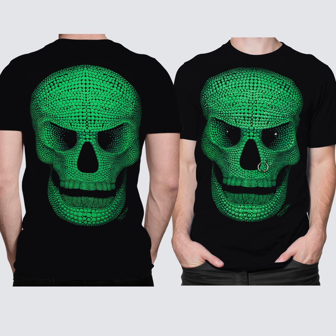 Schwarzes T-Shirt mit grünem Totenkopf-Print, Vorder- und Rückseite