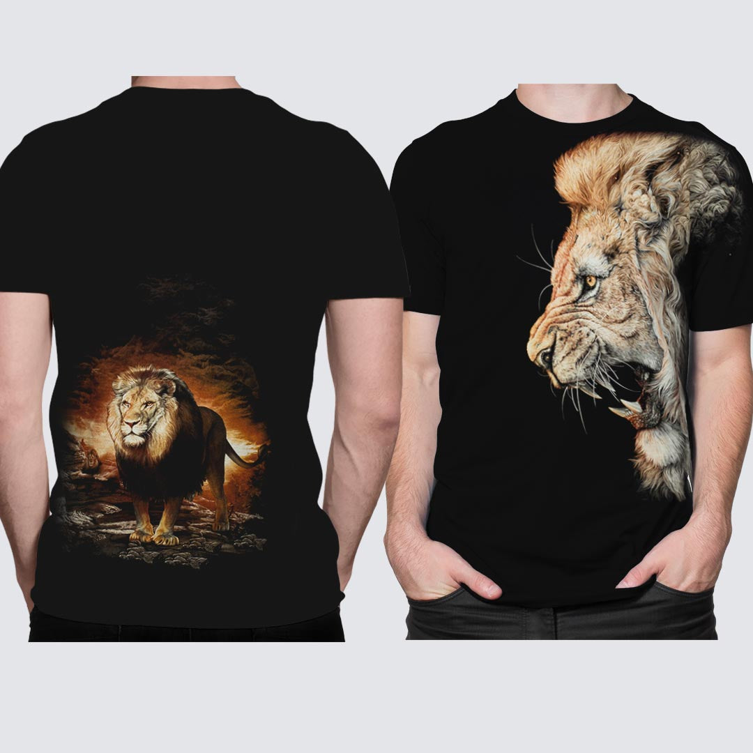 Schwarzes T-Shirt mit einem Löwen-Print, Vorder- und Rückseite