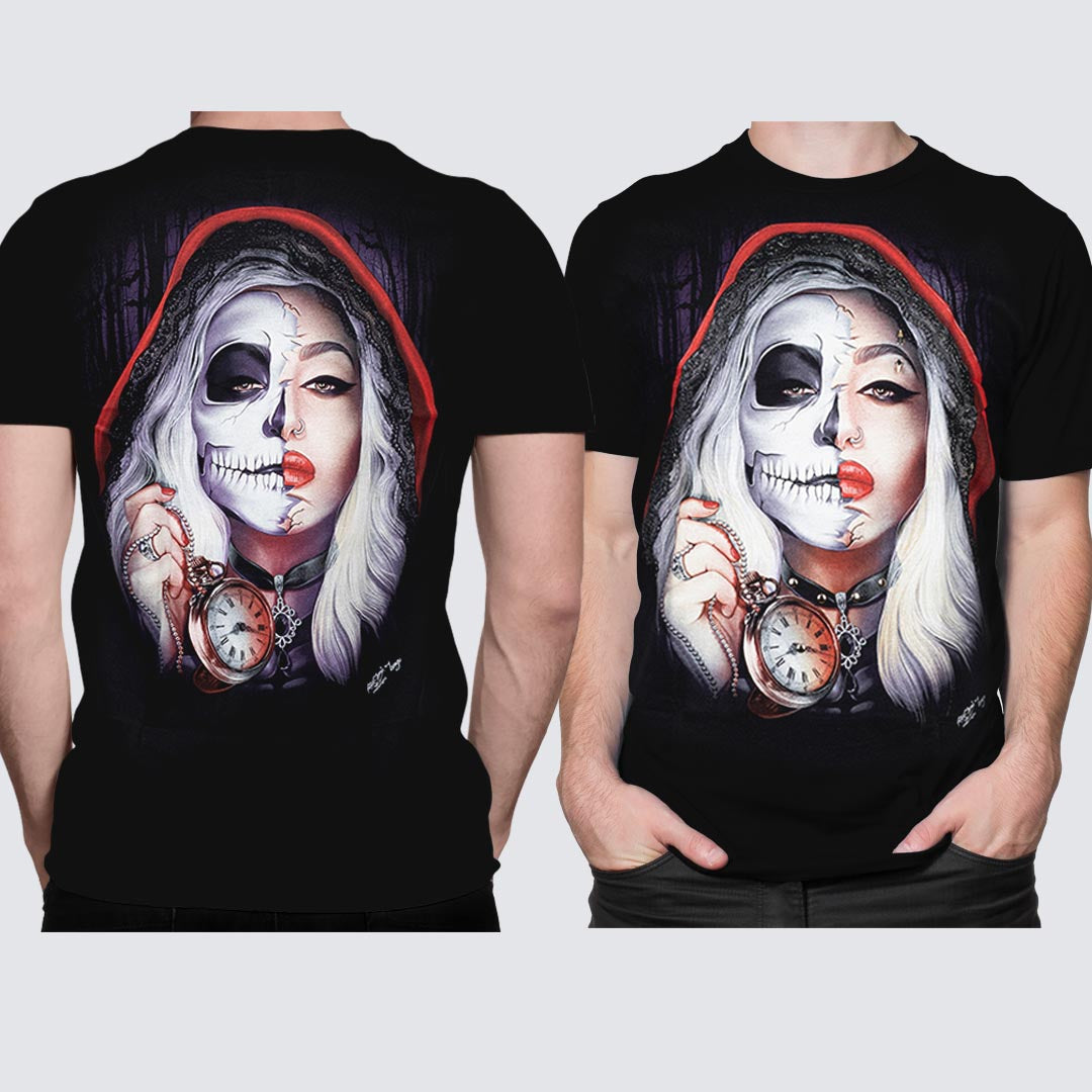 Schwarzes T-Shirt mit Timeout-Print, Vorder- und Rückseite