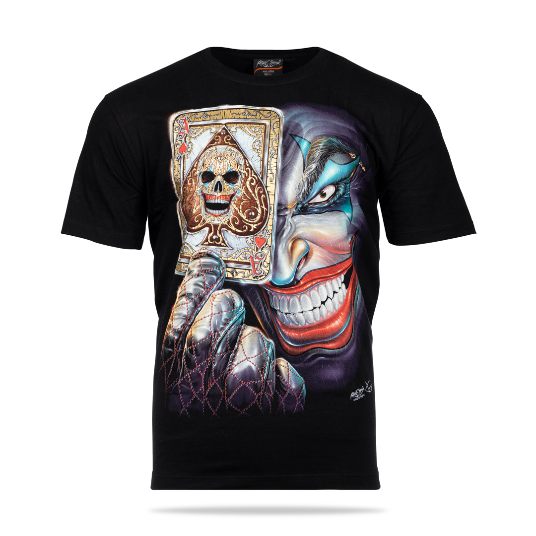 Schwarzes T-Shirt mit Pokerface-Print, Vorderseite