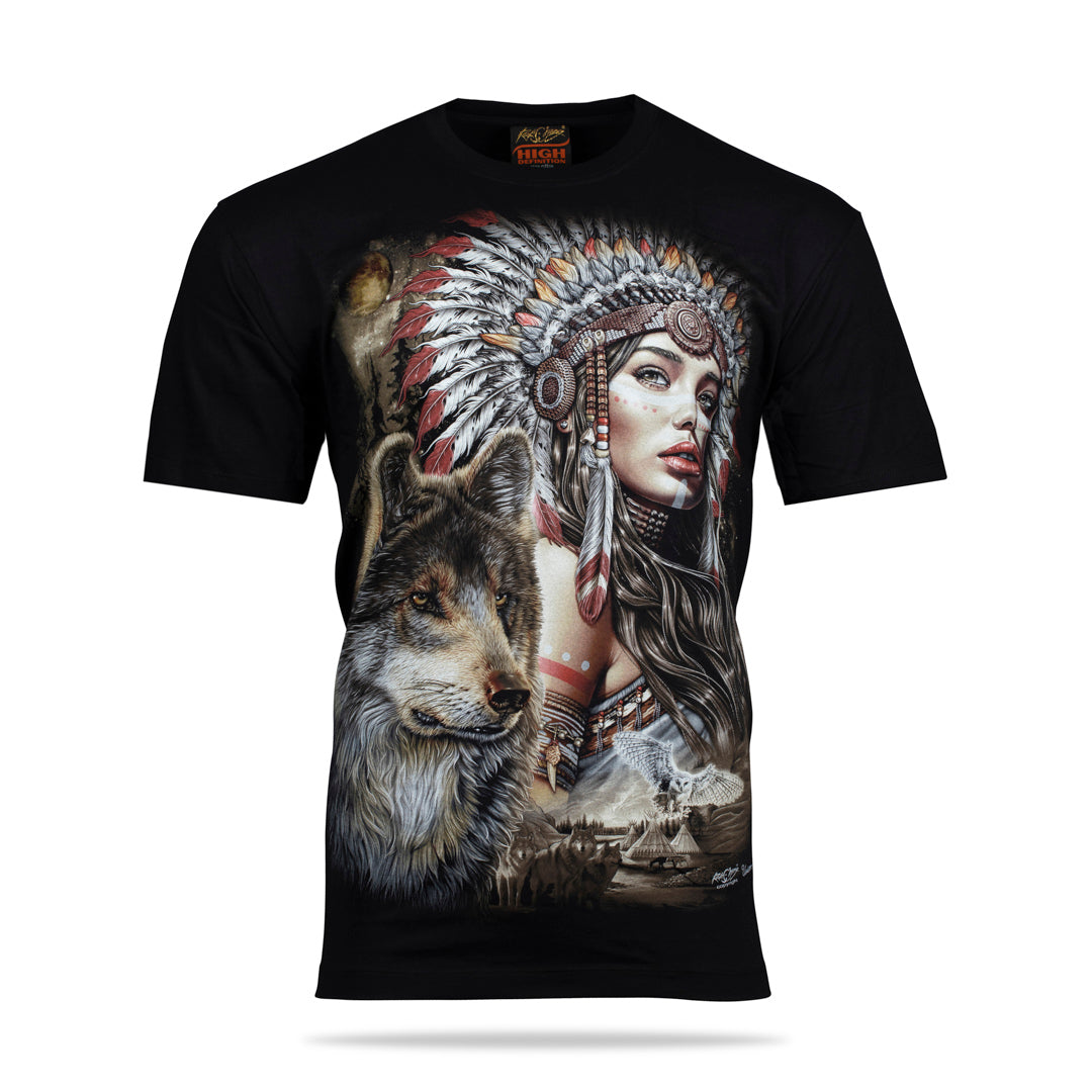 Schwarzes T-Shirt mit Kriegerfrau und Wolf-Print, Vorderseite