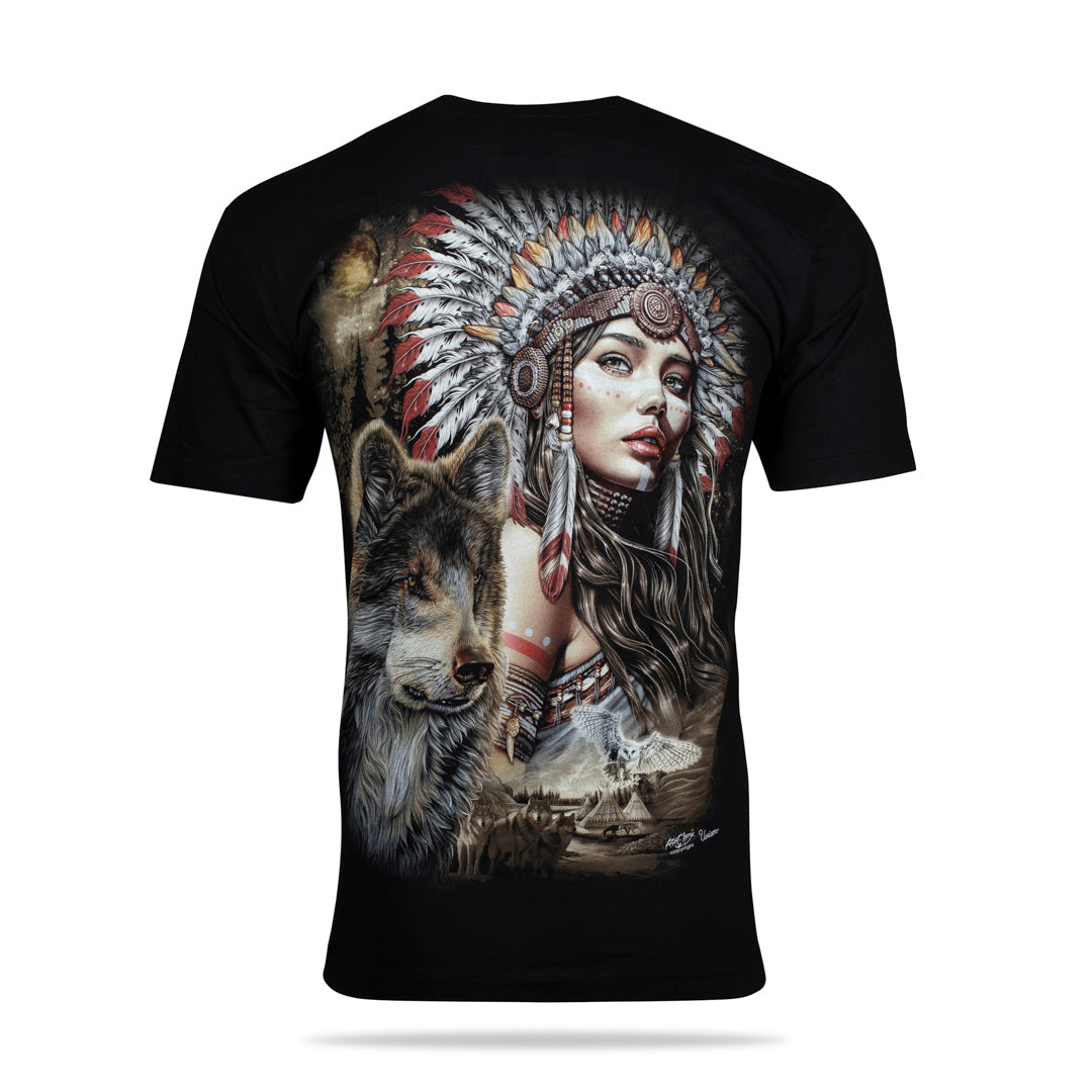 Schwarzes T-Shirt mit Kriegerfrau und Wolf-Print, Rückseite