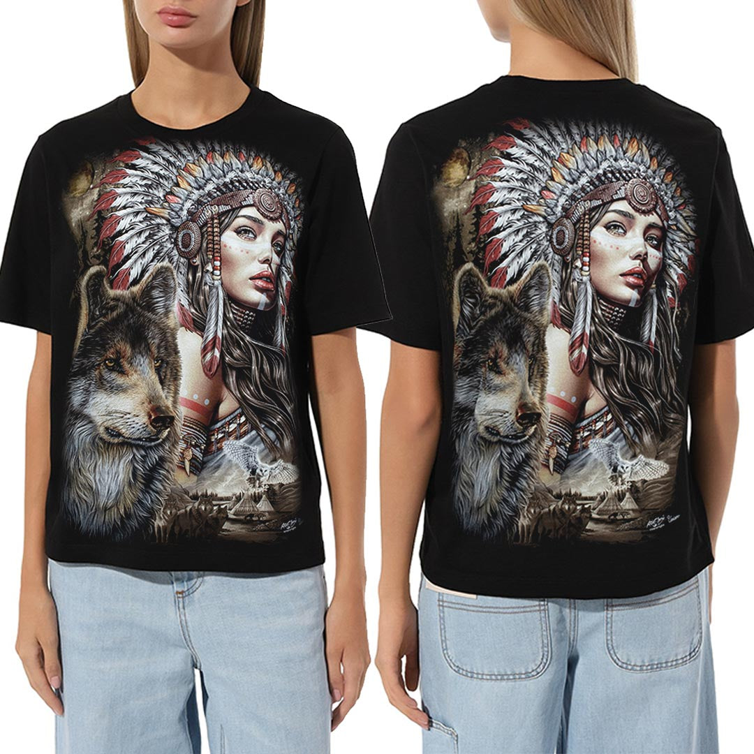 Schwarzes T-Shirt mit Kriegerfrau und Wolf-Print, Vorder- und Rückseite