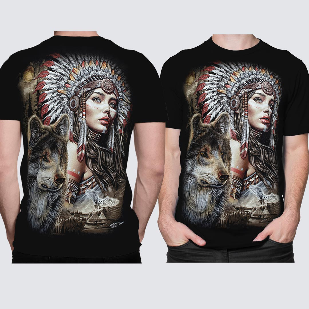 Schwarzes T-Shirt mit Kriegerfrau und Wolf-Print, Vorder- und Rückseite