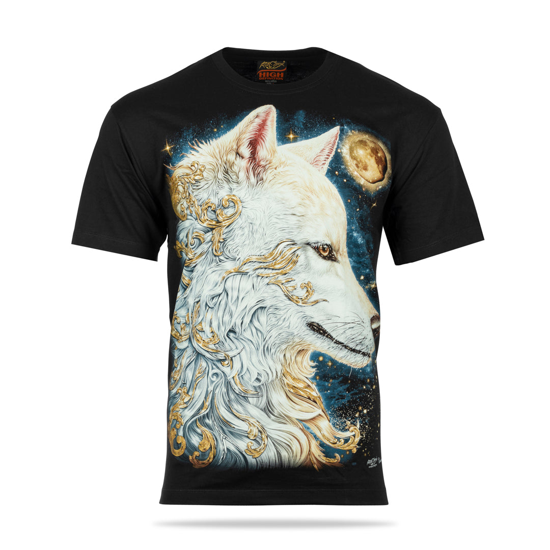 Schwarzes T-Shirt mit Weißer Wolf Goldmond-Print, Vorderseite