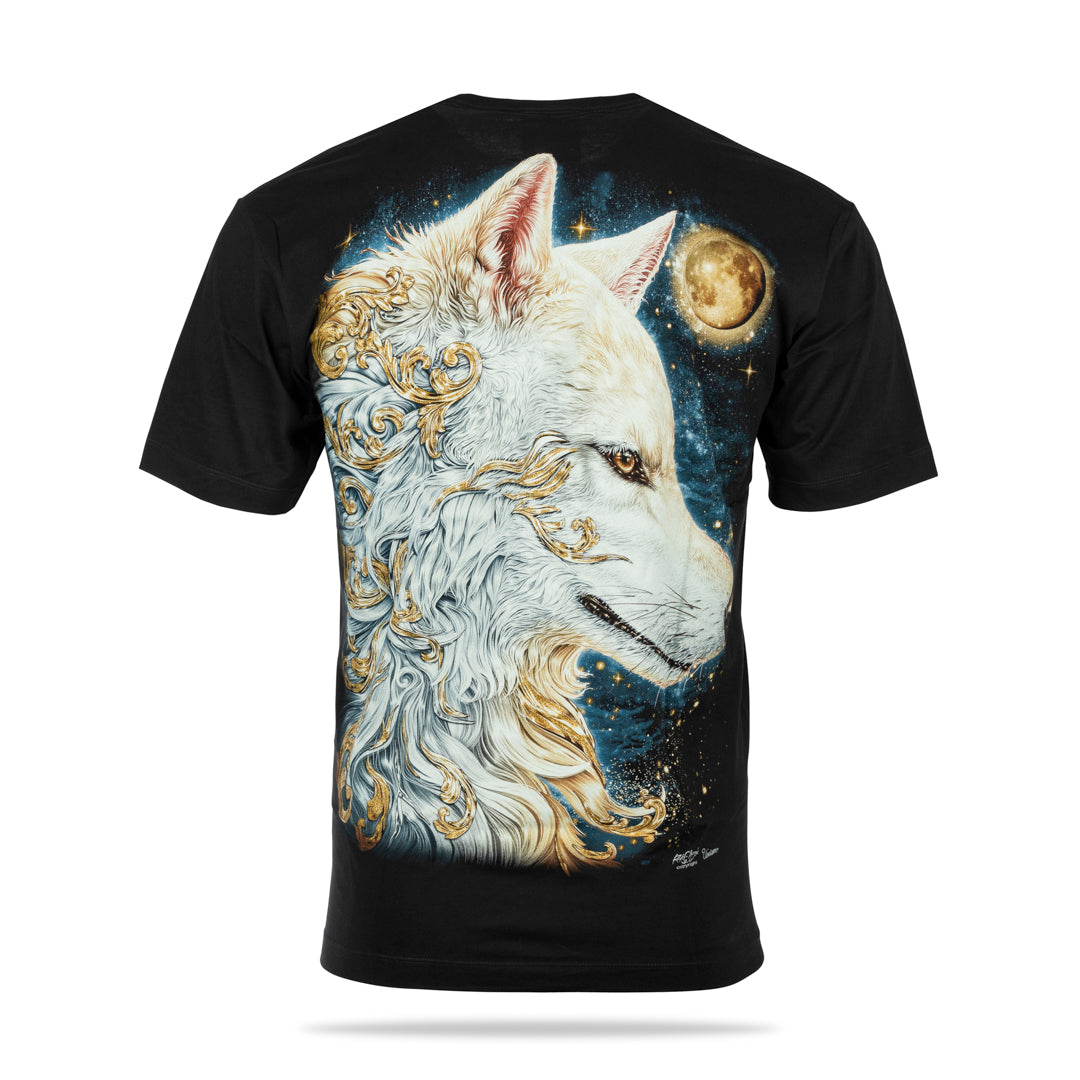 Schwarzes T-Shirt mit Weißer Wolf Goldmond-Print, Rückseite