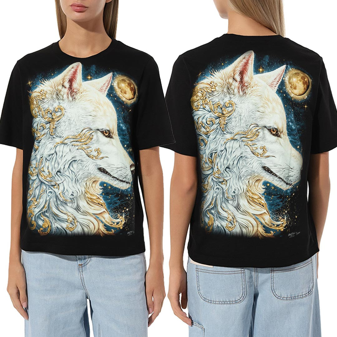 Schwarzes T-Shirt mit Weißer Wolf Goldmond-Print, Vorder- und Rückseite