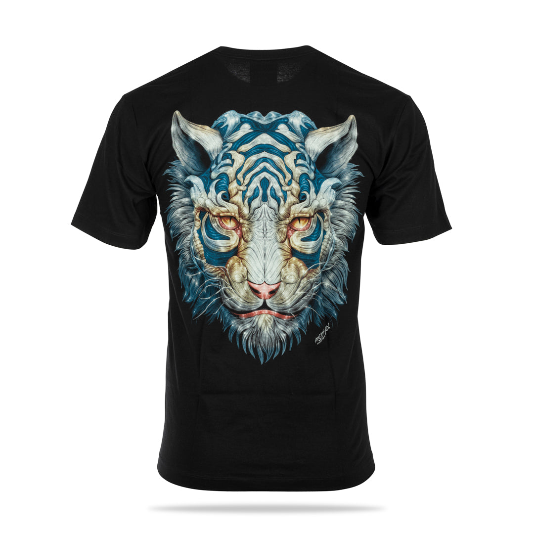 Schwarzes T-Shirt mit Weißblauem Tiger-Print, Rückseite