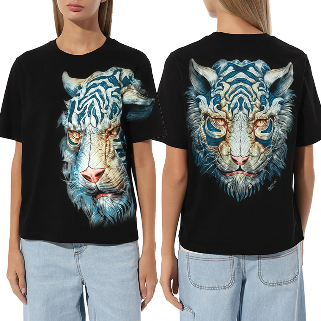 Schwarzes T-Shirt mit Weißblauem Tiger-Print, Vorder- und Rückseite