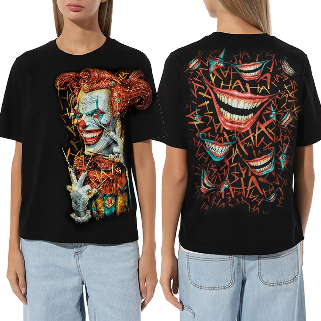 Schwarzes T-Shirt mit Clown-Print, Vorder- und Rückseite