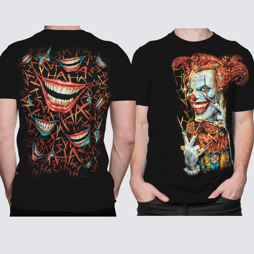 Schwarzes T-Shirt mit Clown-Print, Vorder- und Rückseite