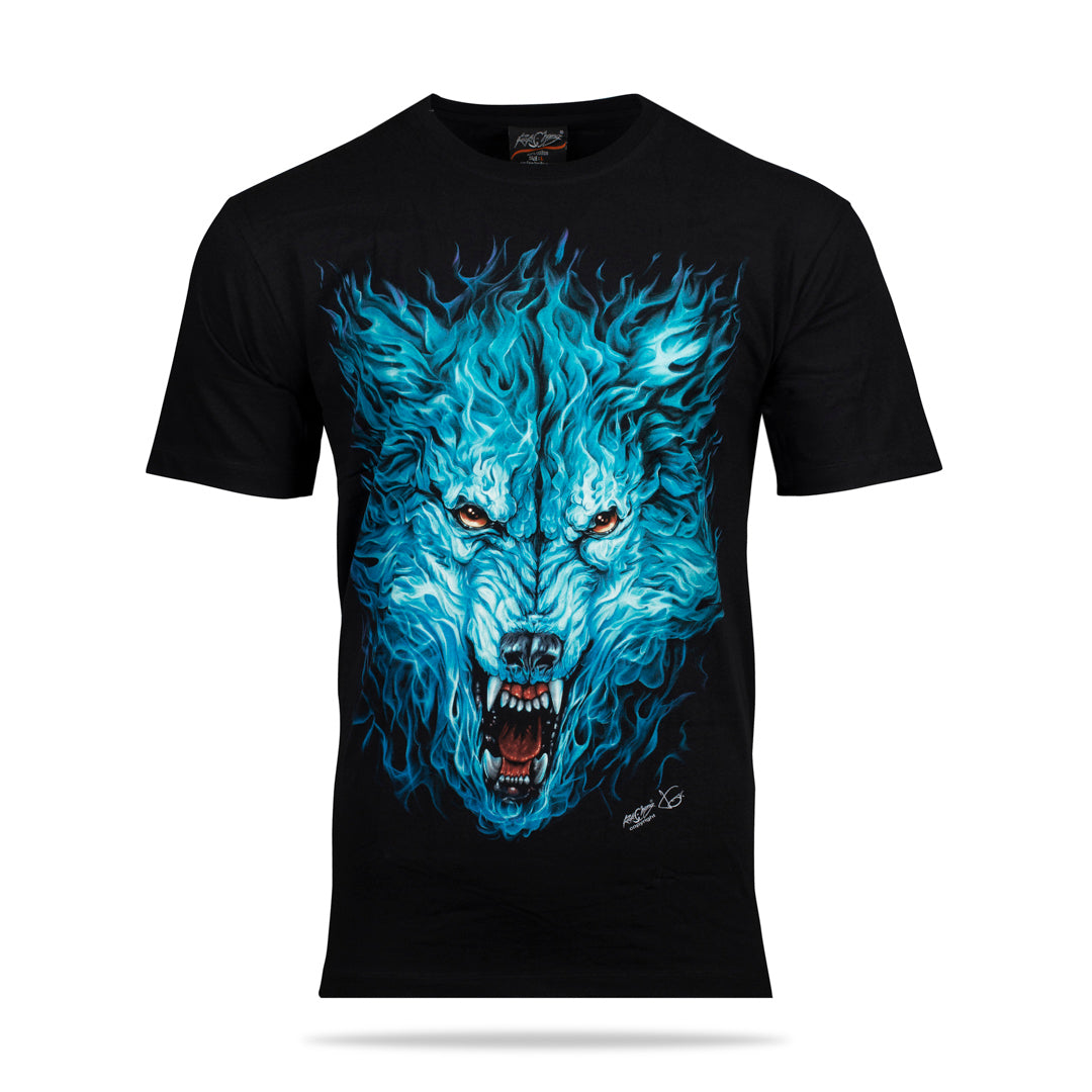 Schwarzes T-Shirt mit Wolf Flammen-Print, Vorderseite