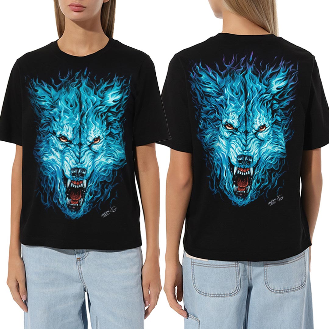 Schwarzes T-Shirt mit Wolf Flammen-Print, Vorder- und Rückseite