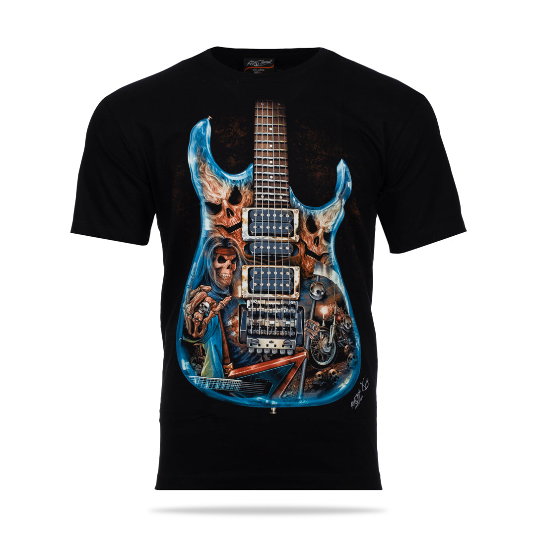 Schwarzes T-Shirt mit E-Gitarre-Print, Vorderseite