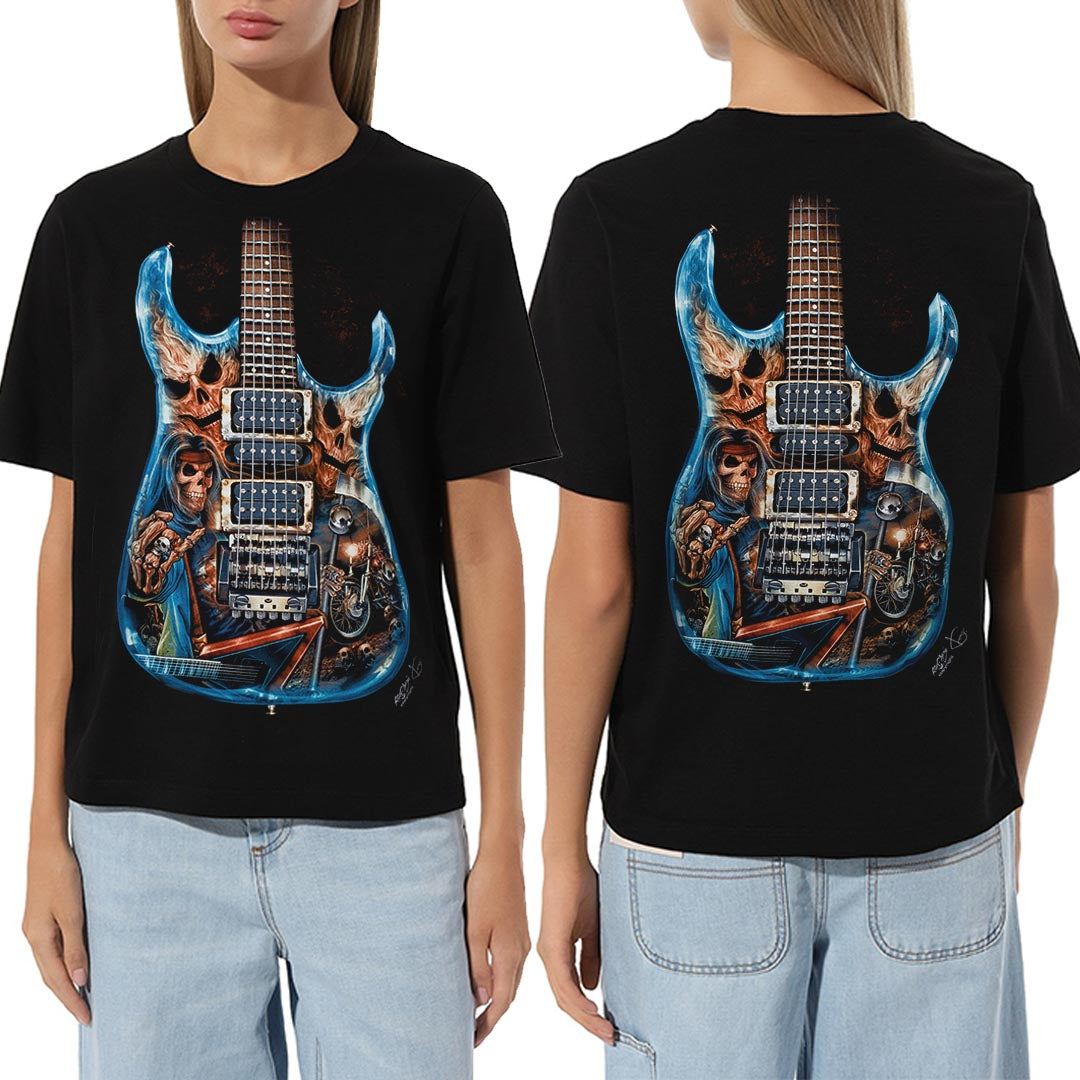 Schwarzes T-Shirt mit E-Gitarre-Print, Vorder- und Rückseite