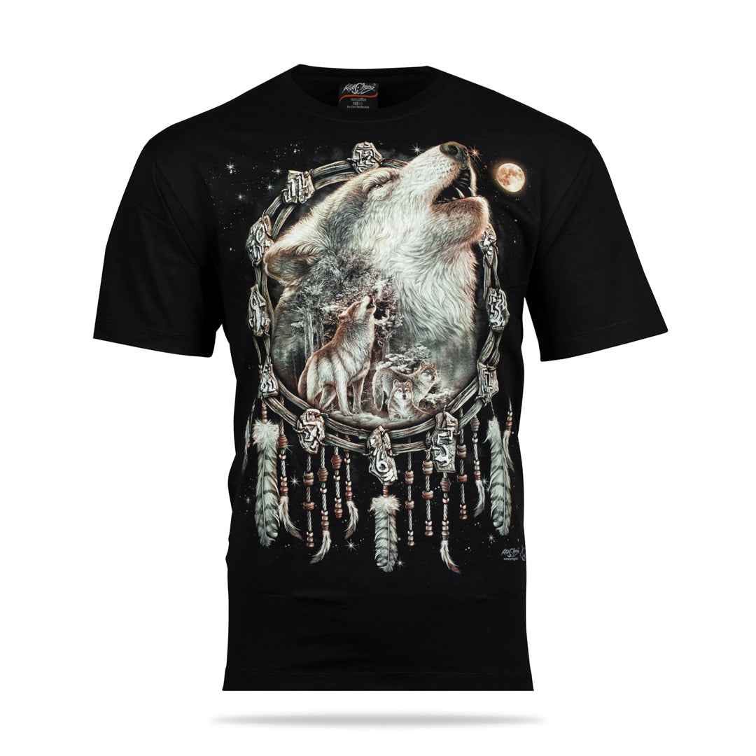 Schwarzes T-Shirt mit Wolf Traumfänger-Print, Vorderseite