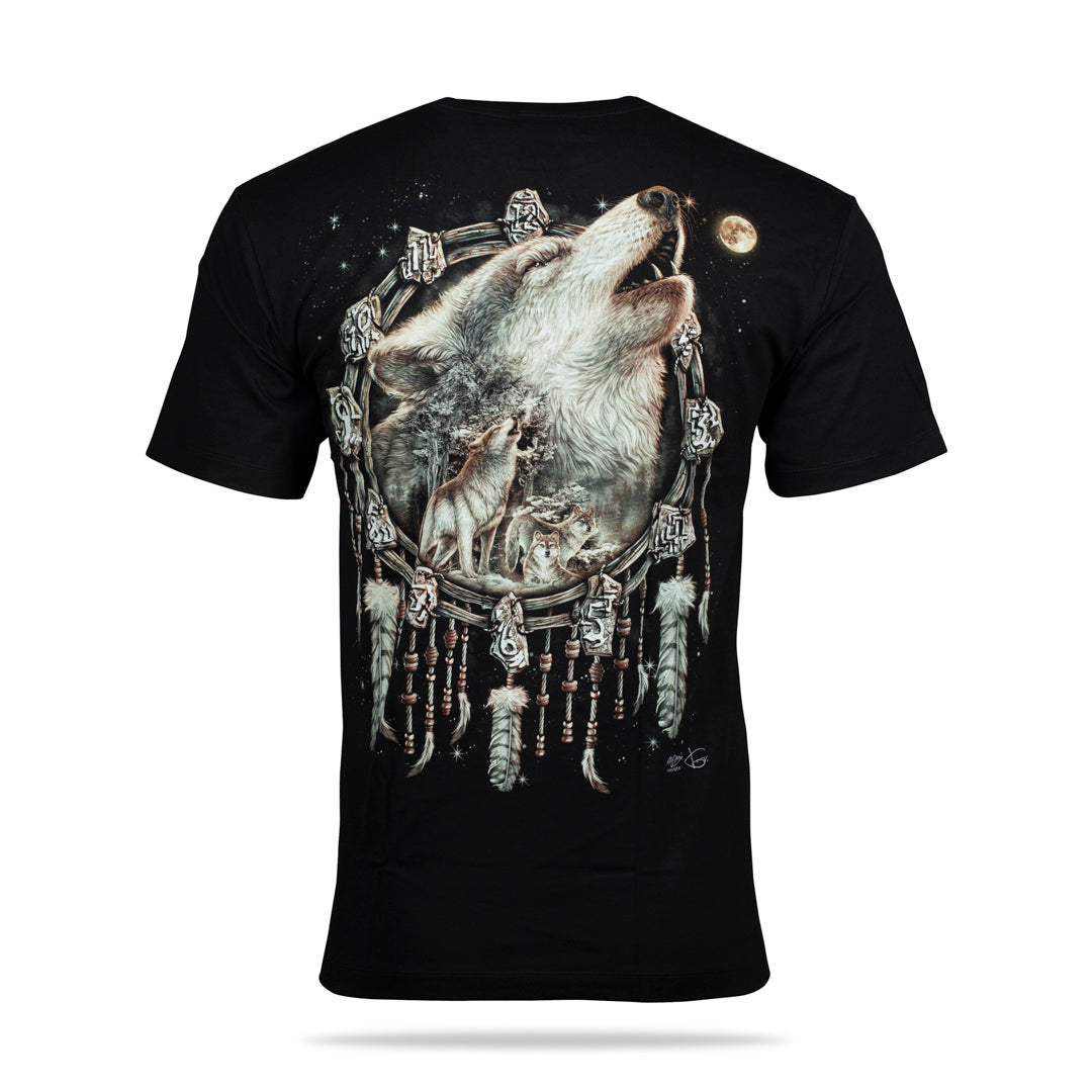 Schwarzes T-Shirt mit Wolf Traumfänger-Print, Rückseite