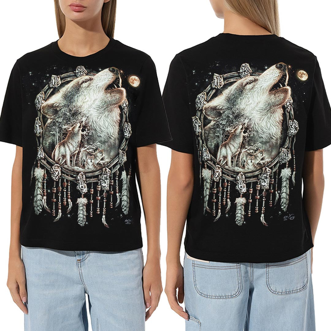 Schwarzes T-Shirt mit Wolf Traumfänger-Print, Vorder- und Rückseite