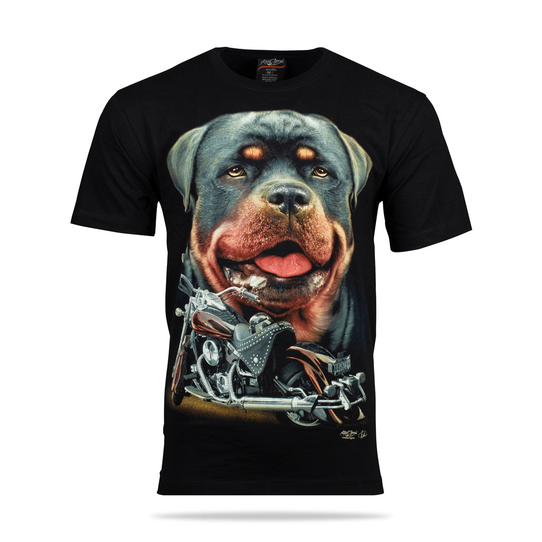 Schwarzes T-Shirt mit Rottweiler und Harley Davidson, Vorderseite