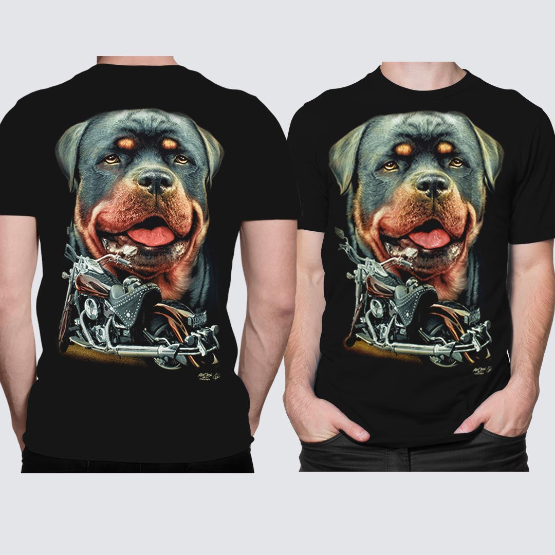 Schwarzes T-Shirt mit Rottweiler und Harley Davidson, Vorder- und Rückseite