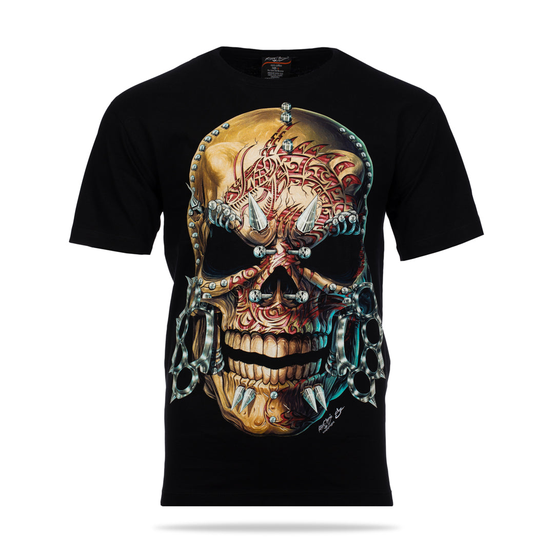 Schwarzes T-Shirt mit Totenkopf 4-Ringe-Print, Vorderseite