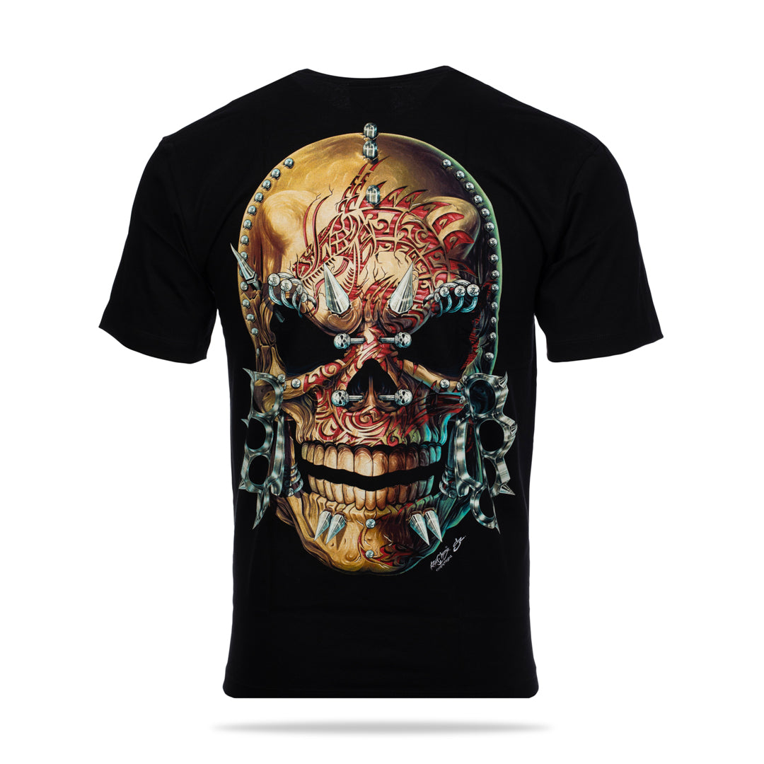 Schwarzes T-Shirt mit Totenkopf 4-Ringe-Print, Rückseite