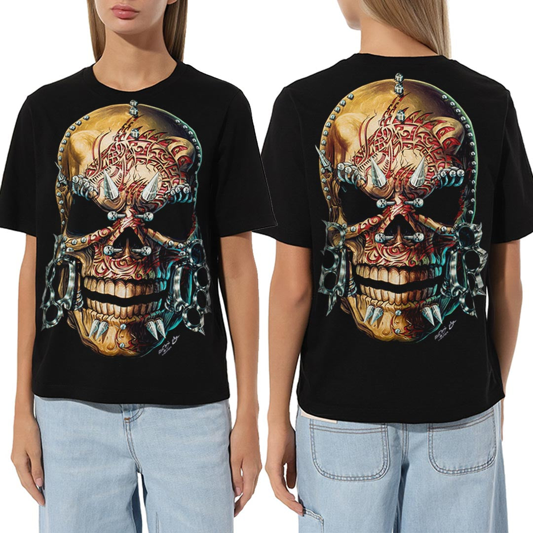Schwarzes T-Shirt mit Totenkopf 4-Ringe-Print, Vorder- und Rückseite