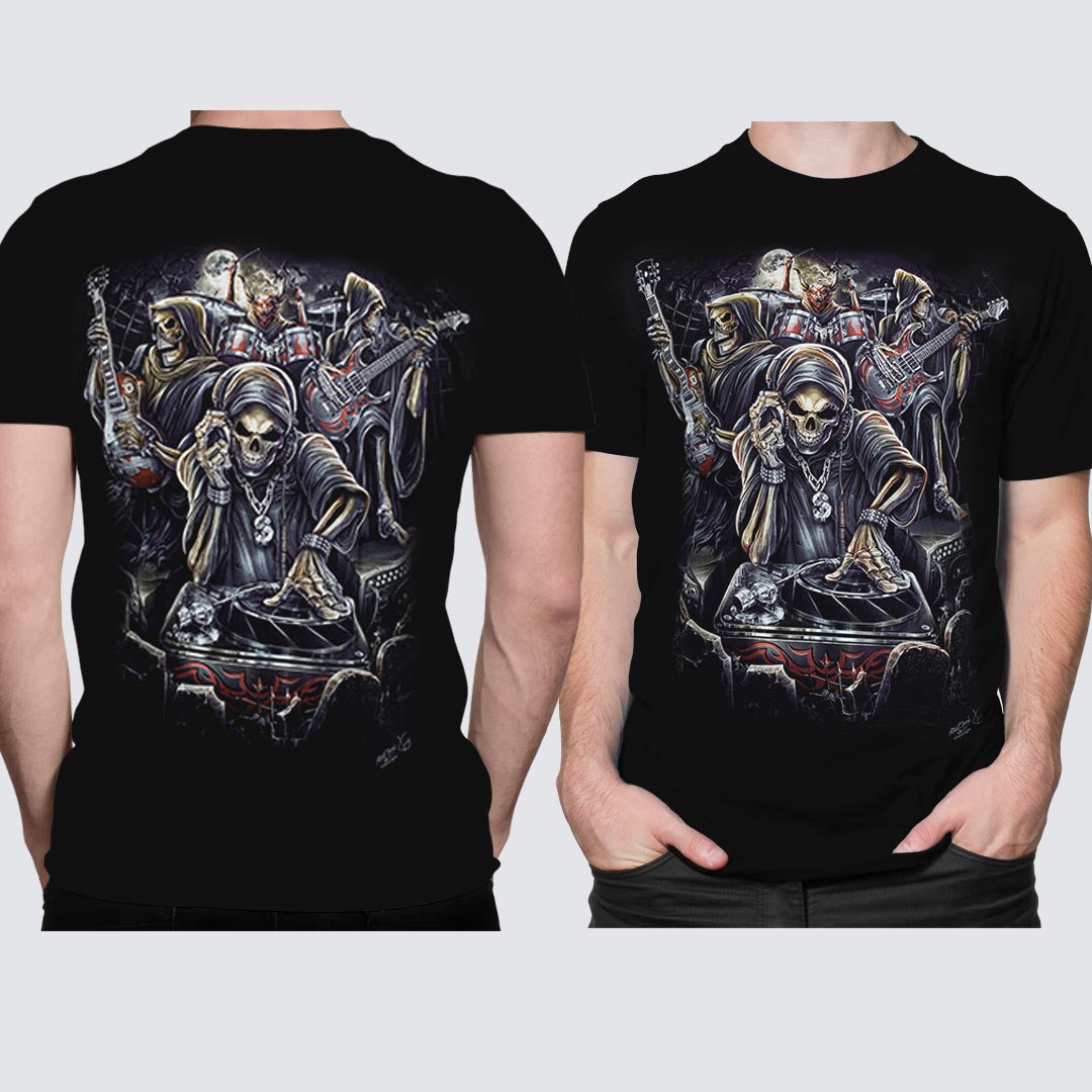Schwarzes T-Shirt mit DJ Heavy Metal-Print, Vorder- und Rückseite