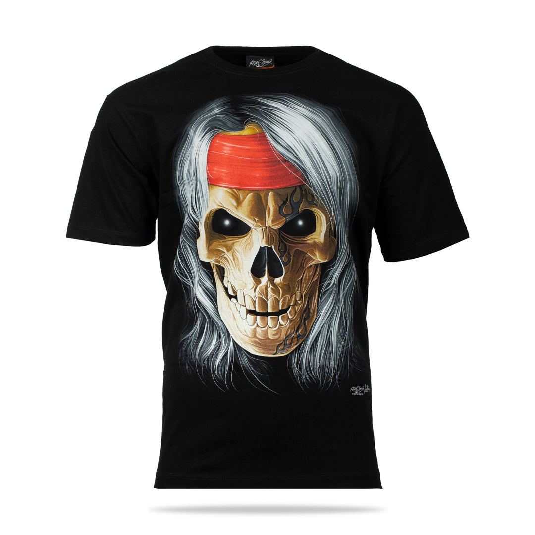 Schwarzes T-Shirt mit Totenkopf Stirnband-Print, Vorderseite