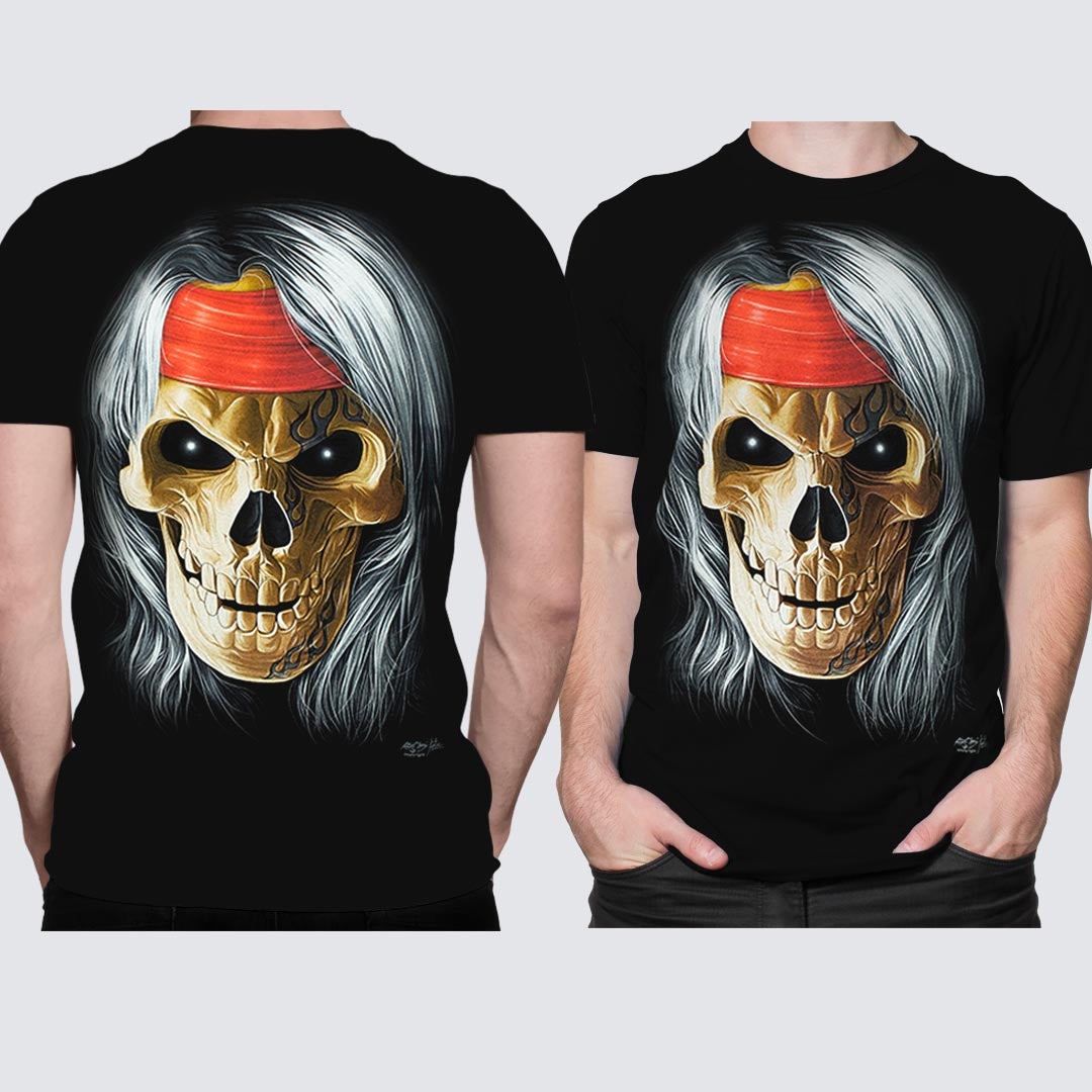 Schwarzes T-Shirt mit Totenkopf Stirnband-Print, Vorder- und Rückseite