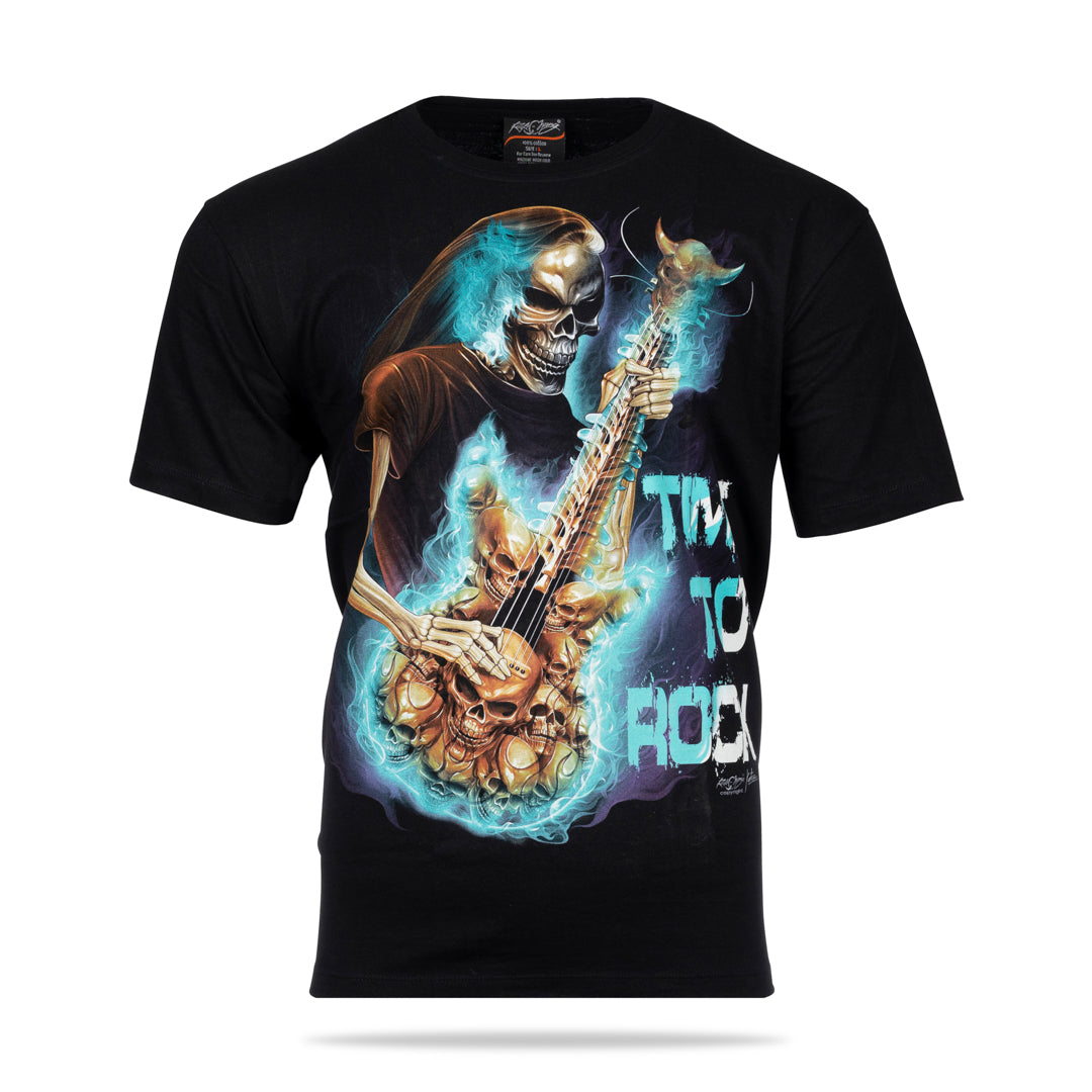 Schwarzes T-Shirt mit einem Skelett mit Gitarre und Time to Rock-Print, Vorderseite