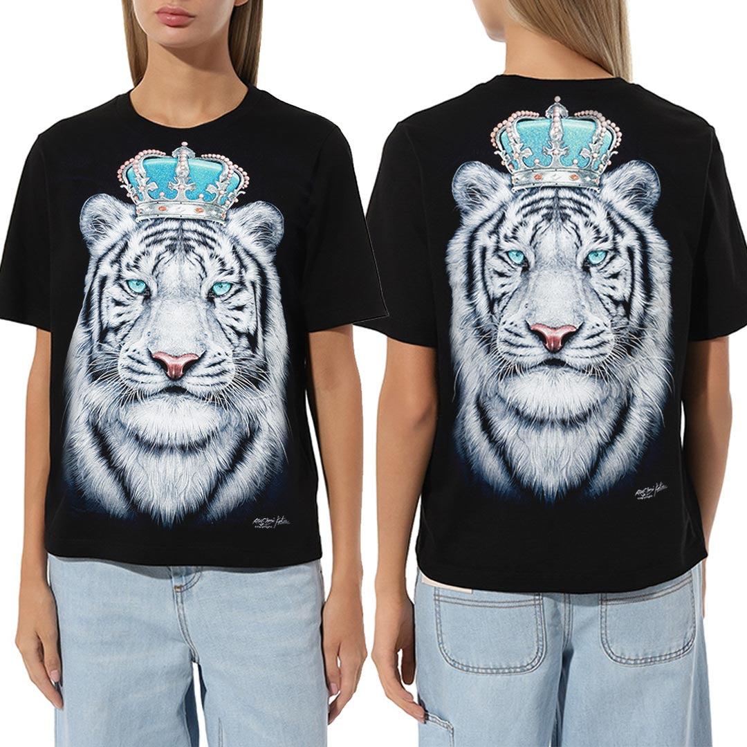 Schwarzes T-Shirt mit einem Tiger und Krone, Vorder- und Rückseite