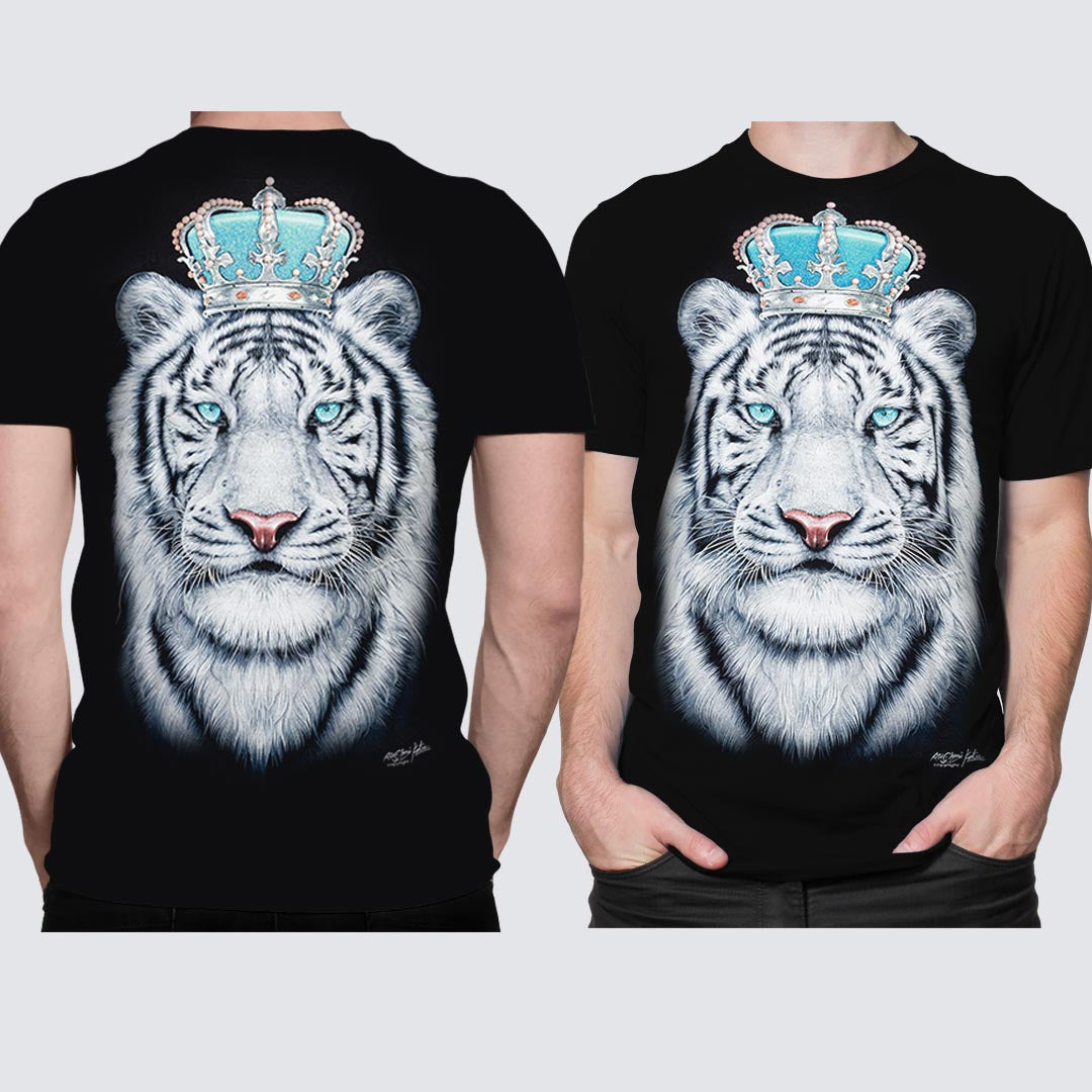 Schwarzes T-Shirt mit einem Tiger und Krone, Vorder- und Rückseite