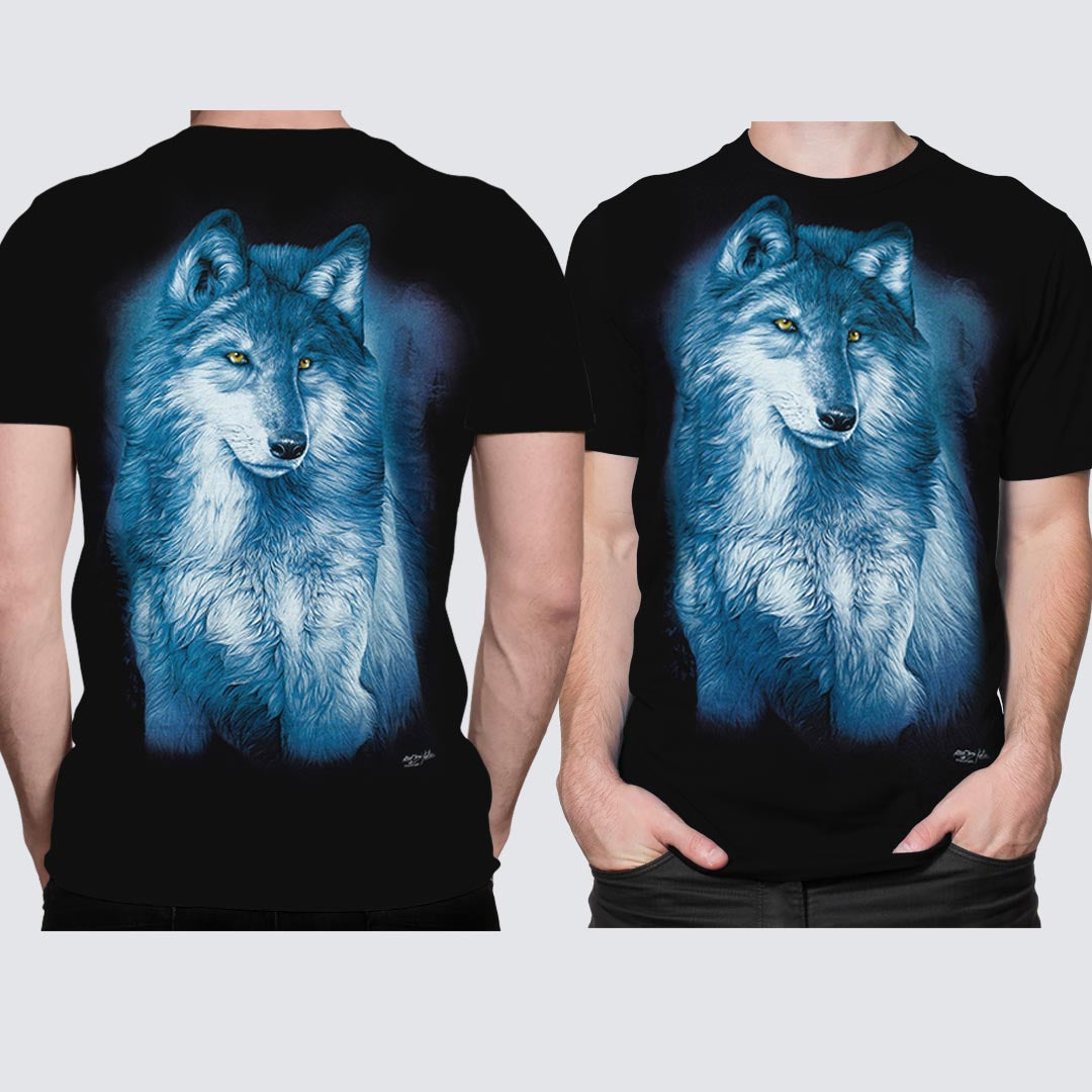 Schwarzes T-Shirt mit Wolf-Print, Vorder- und Rückseite