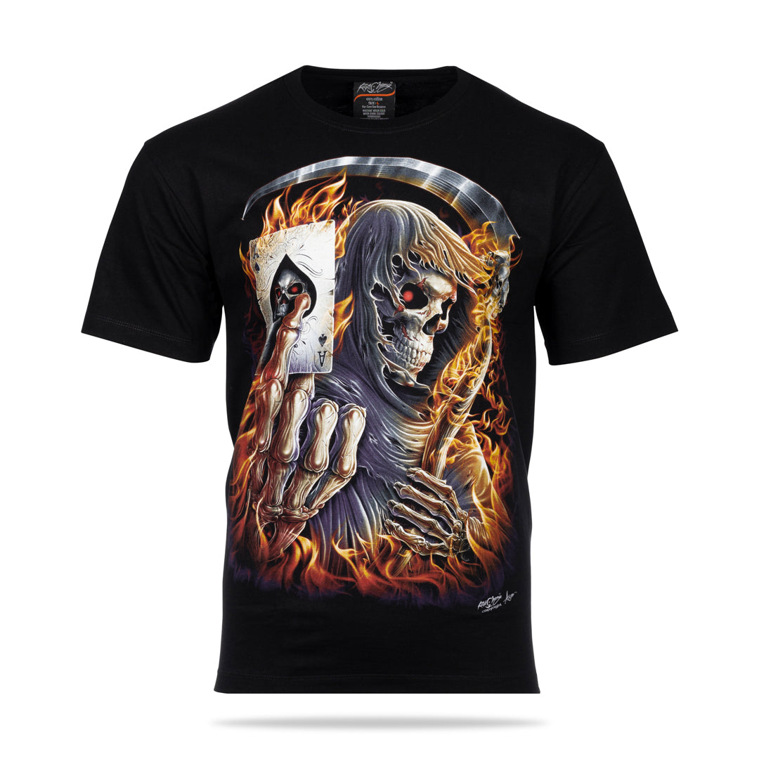 Schwarzes T-Shirt mit Skelett, Sichel und Ass Spielkarte von Flammen umgeben, Vorderseite